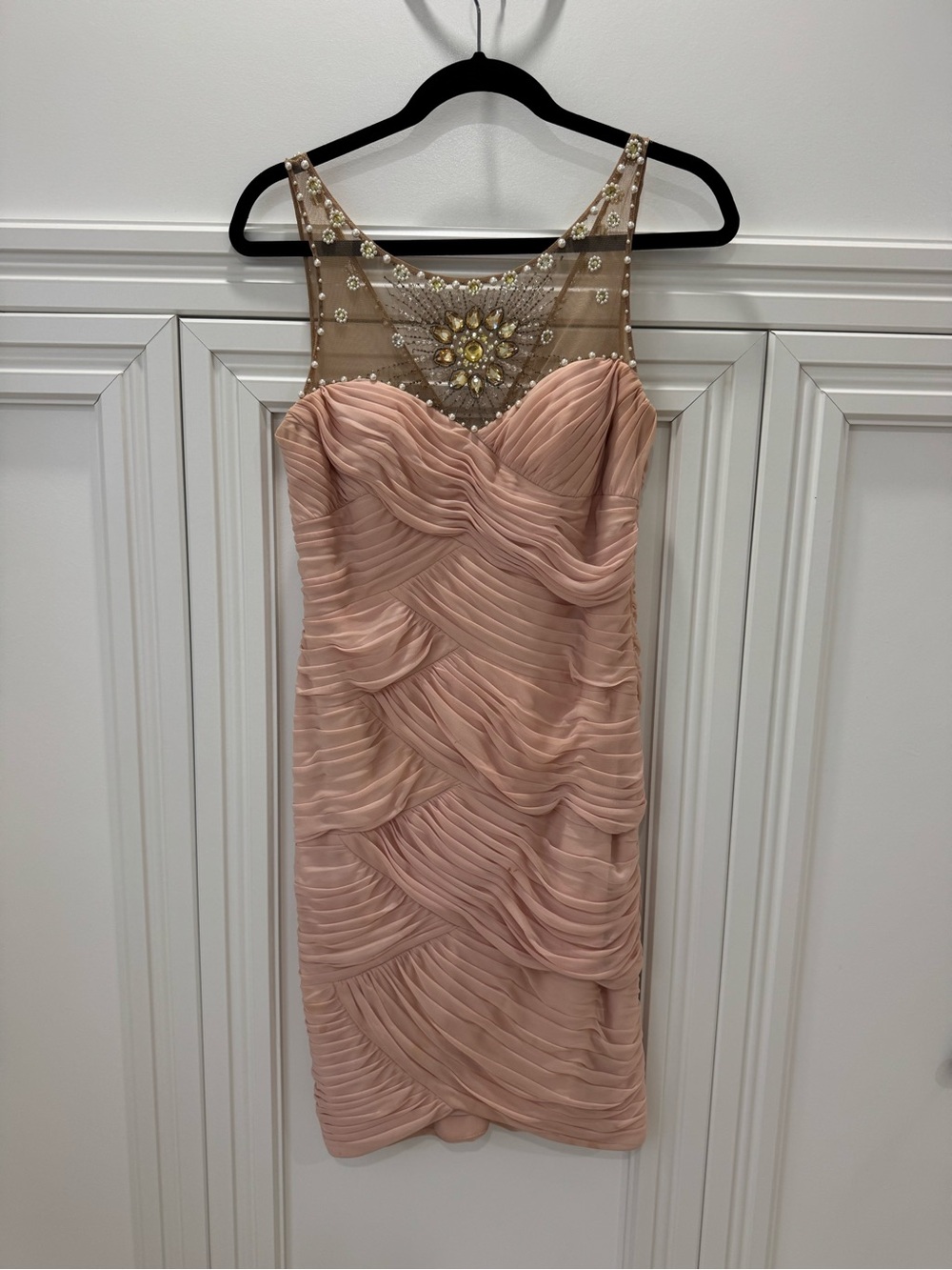 Adrianna Papell Blush Pink Embellished Mesh Yoke Midi Dress